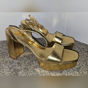 Zara Metallic Gold Platform Heeled Sandals, Size 12, NWOT However Has Minor Flaw